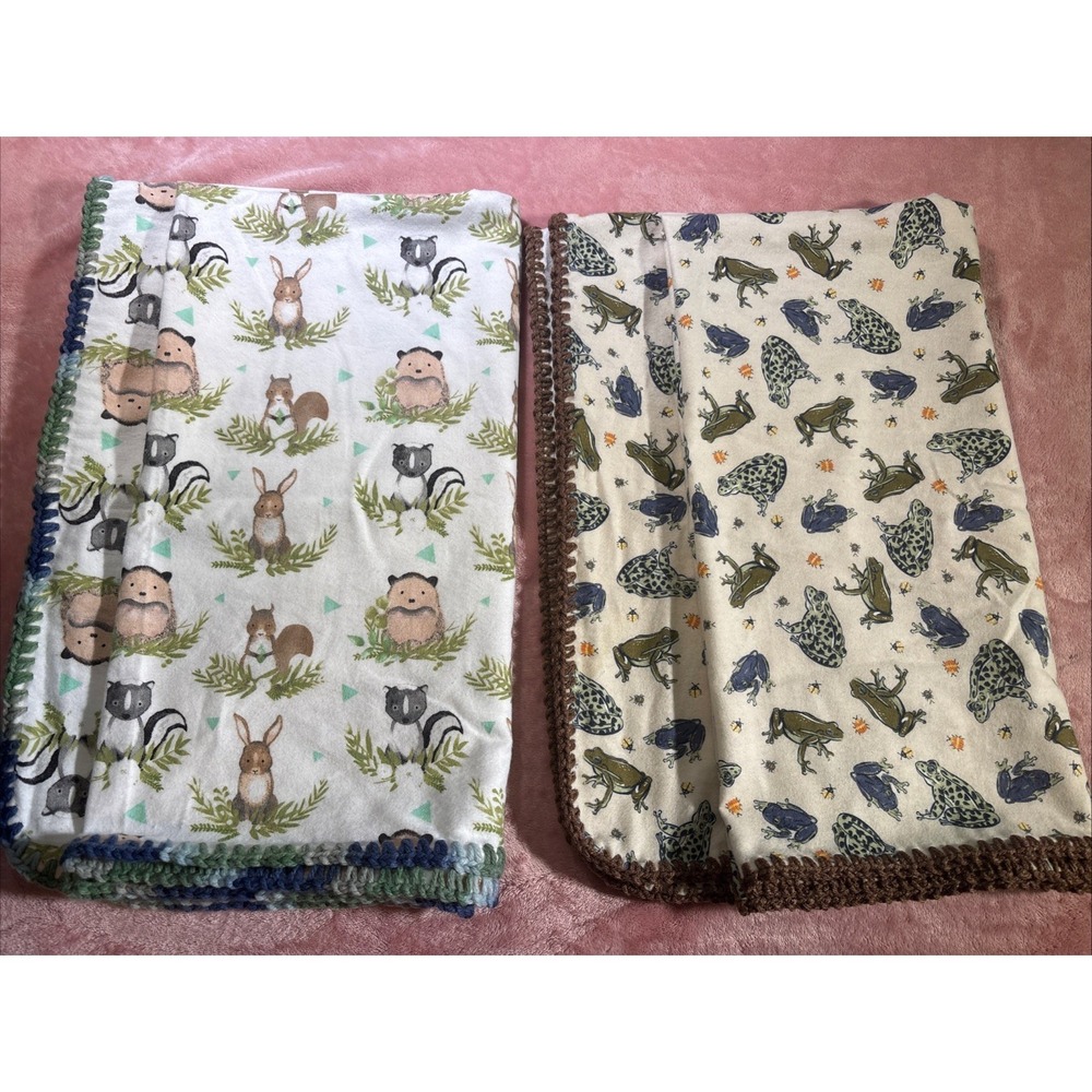 Woodland Animals & Frogs Baby Blanket Lot Of Two, Crochet Trim 42x35.